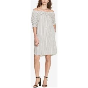 Ralph Lauren White Black Striped Off the Shoulder Shirt Dress Size 14